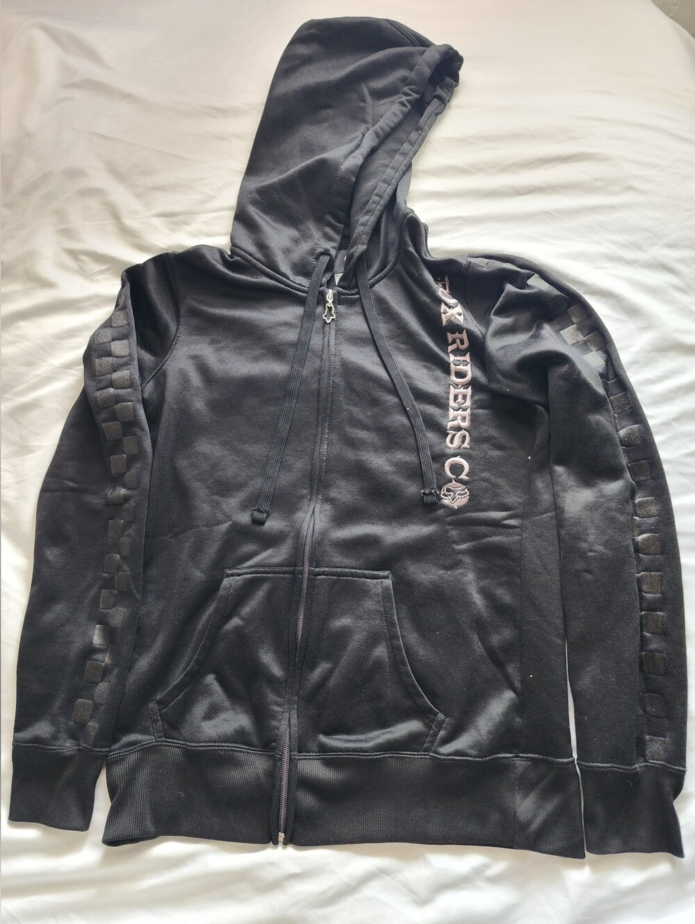 Fox Black Zip-Up Hoodie with Subtle Checker Sleeve Detail